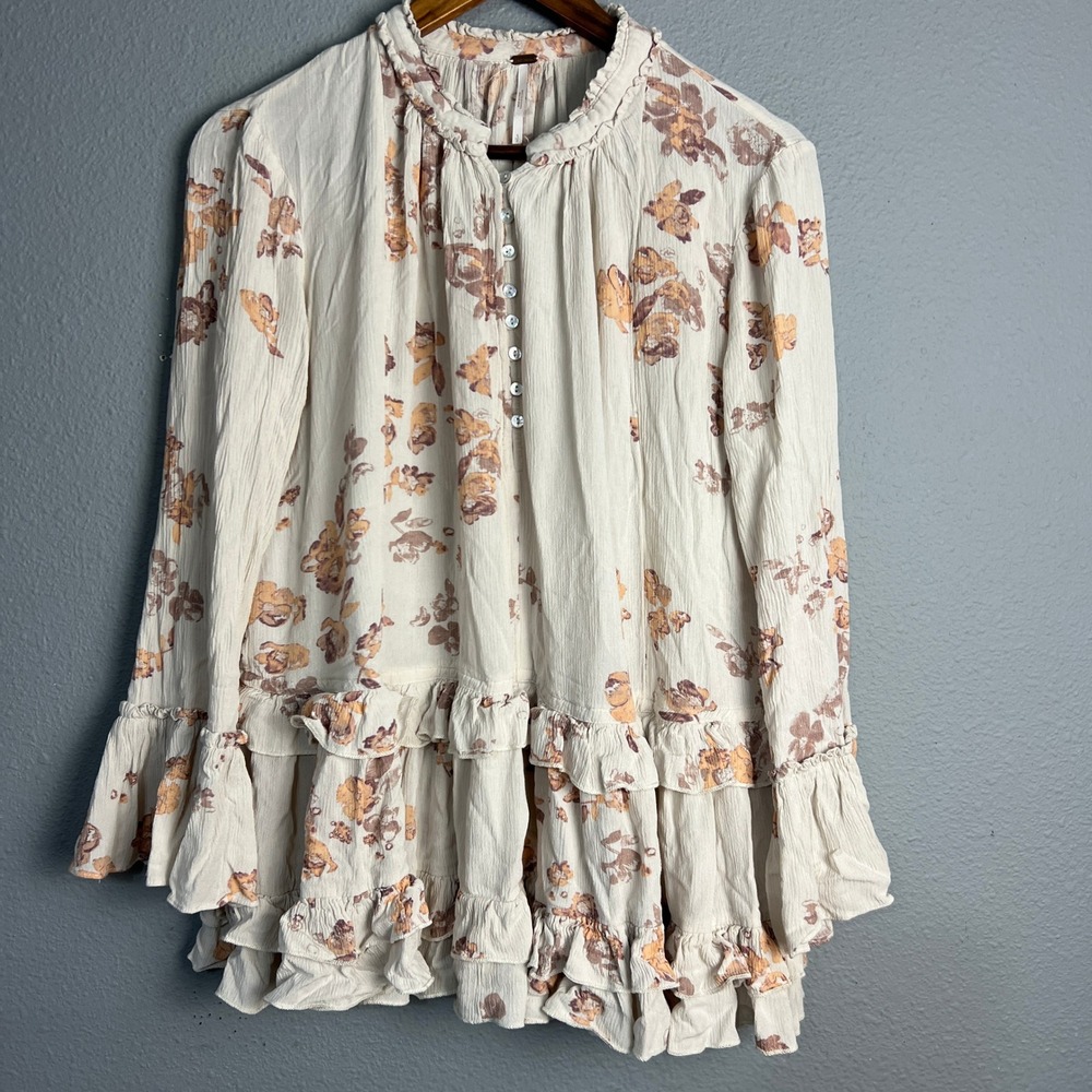 Free People Clover Field Floral Mini Dress Ruffle Trim Long SL Tiered Boho Sz Sm